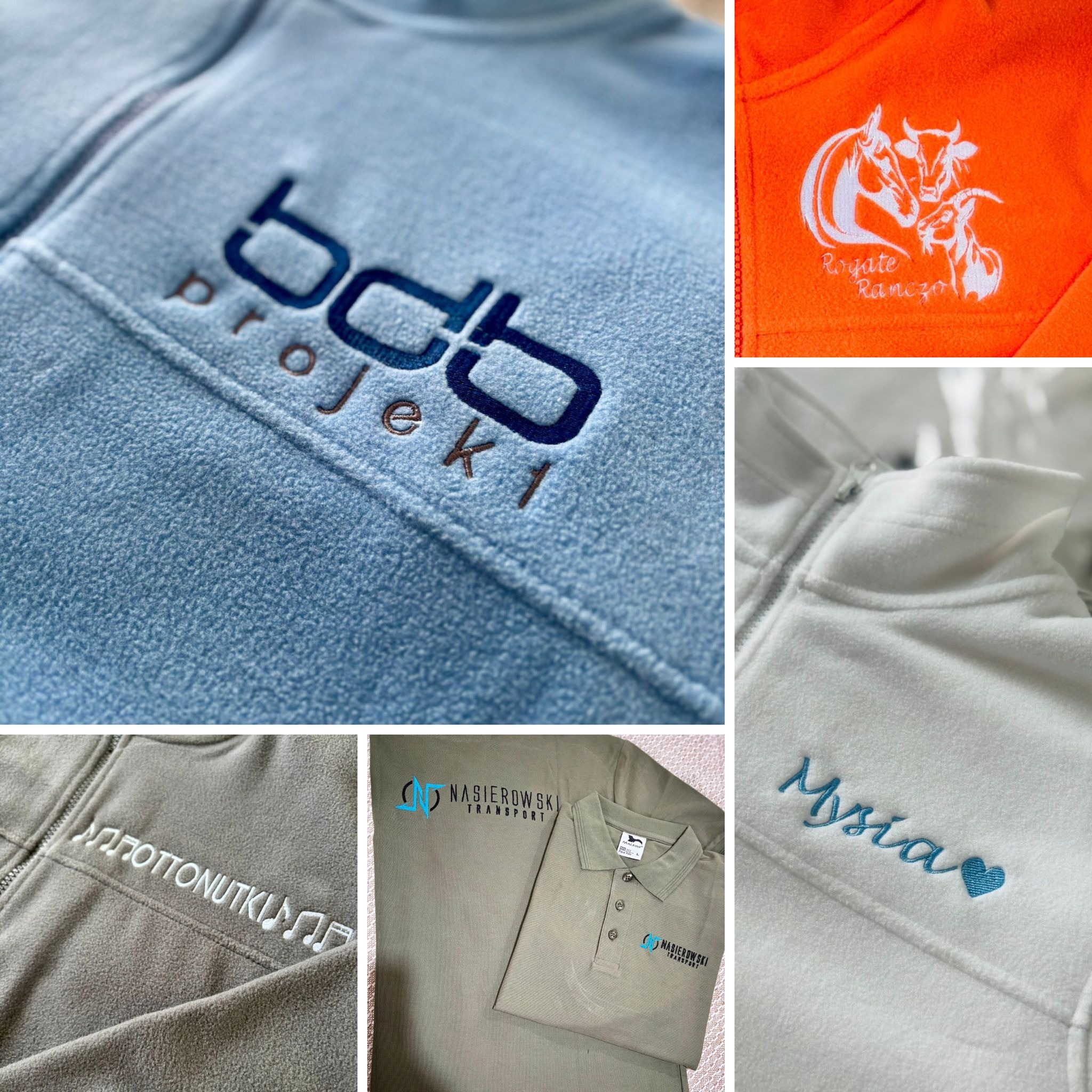 Kompozycja ujęć odzieży z indywidualnymi aplikacjami: firmowe logo, nazwa własna, grafika zwierząt, motyw muzyczny. Różne kolory i rodzaje materiałów.