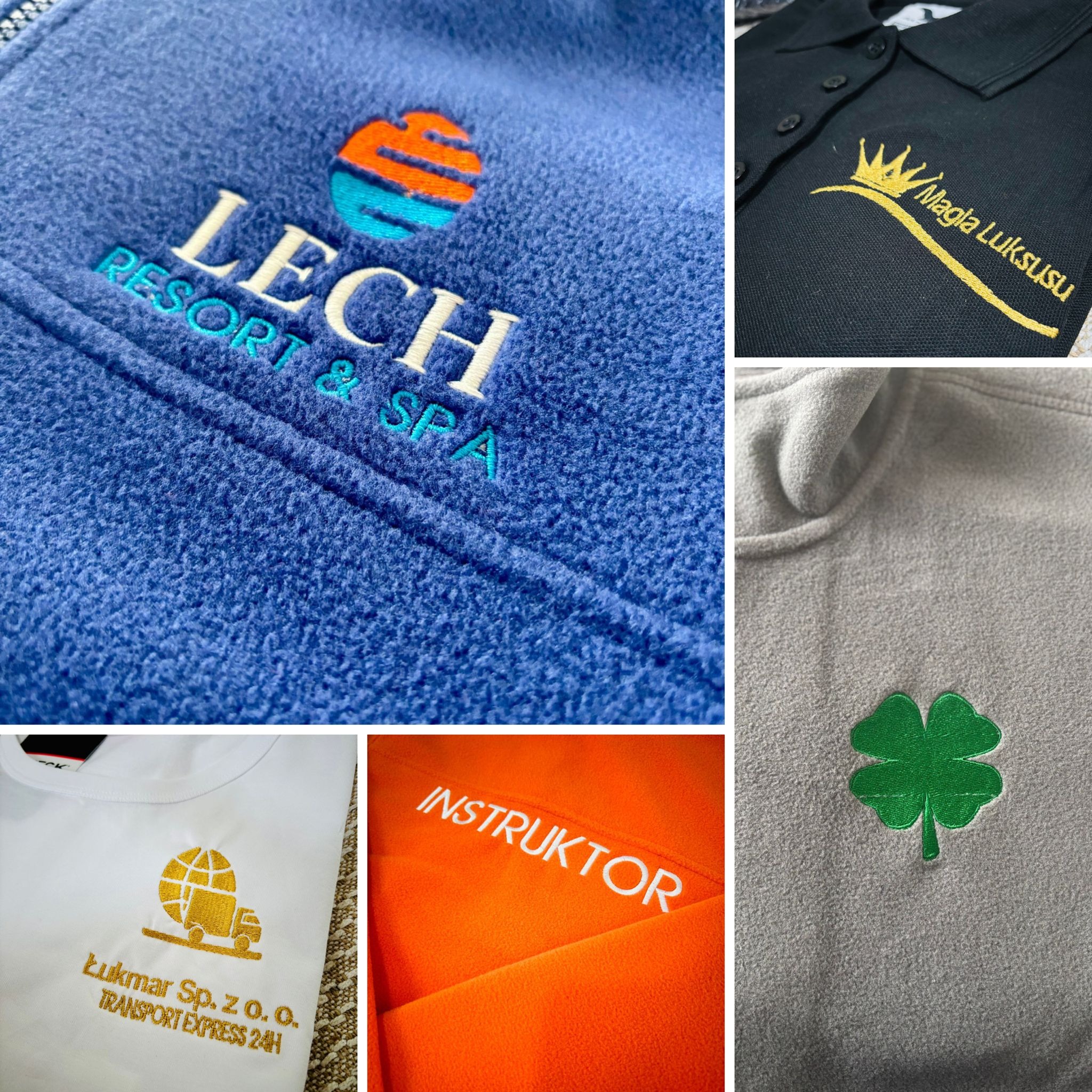 Kolaż prezentujący odzież z różnymi wzorami i napisami wykonanymi techniką zdobienia na materiale. Widoczne logo firmowe, koniczyna, napis 'Instruktor' i nazwa 'Lech Resort & Spa'.