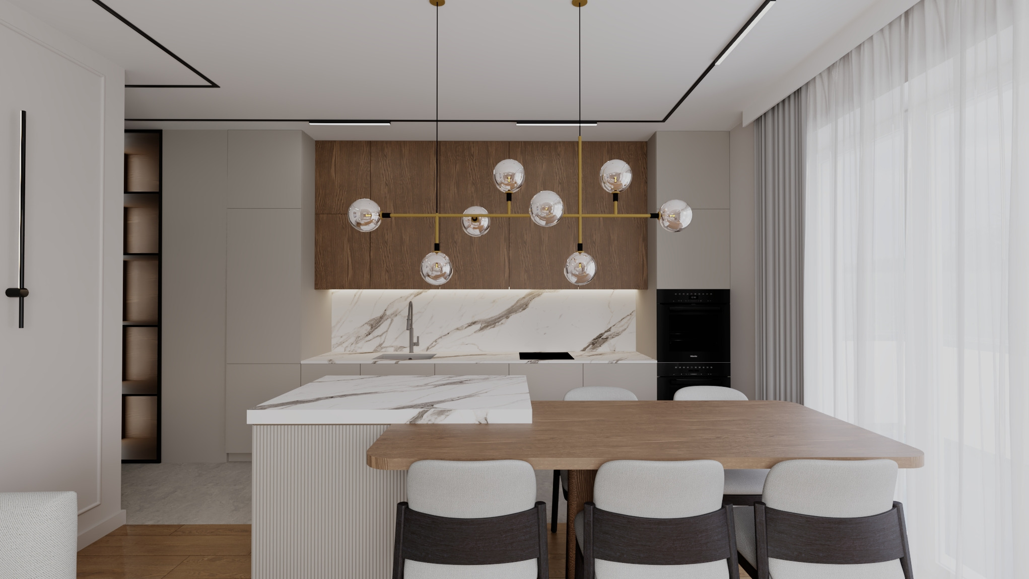 Elegancka, nowoczesna kuchnia z wyspą i stołem jadalnym. Marmurowy blat, drewniane szafki, designerska lampa. Jasne wnętrze z dużym oknem i minimalistycznym oświetleniem.