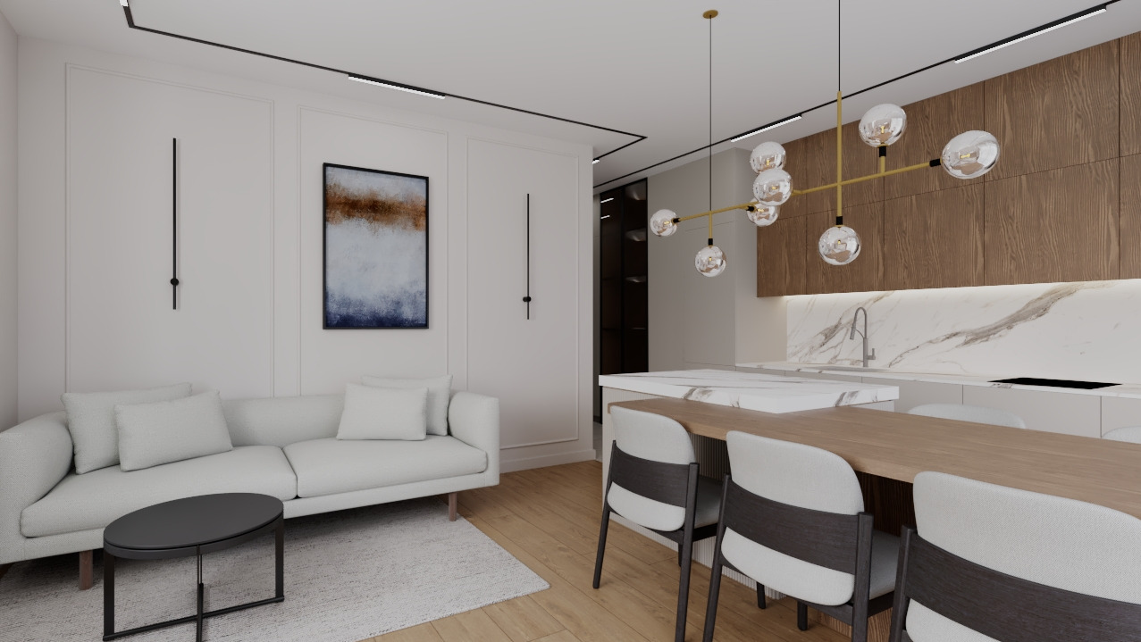 Nowoczesne wnętrze: salon z sofą i stolikiem kawowym płynnie przechodzi w kuchnię z drewnianymi szafkami i marmurowym blatem. Nad stołem jadalnym wisi designerska lampa.