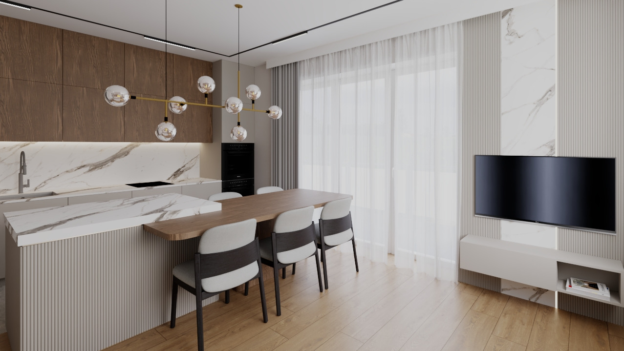 Nowoczesna aranżacja wnętrza: kuchnia z wyspą i jadalnią. Drewniane fronty, marmurowy blat, designerska lampa. Minimalistyczny salon z TV i subtelnymi zasłonami.