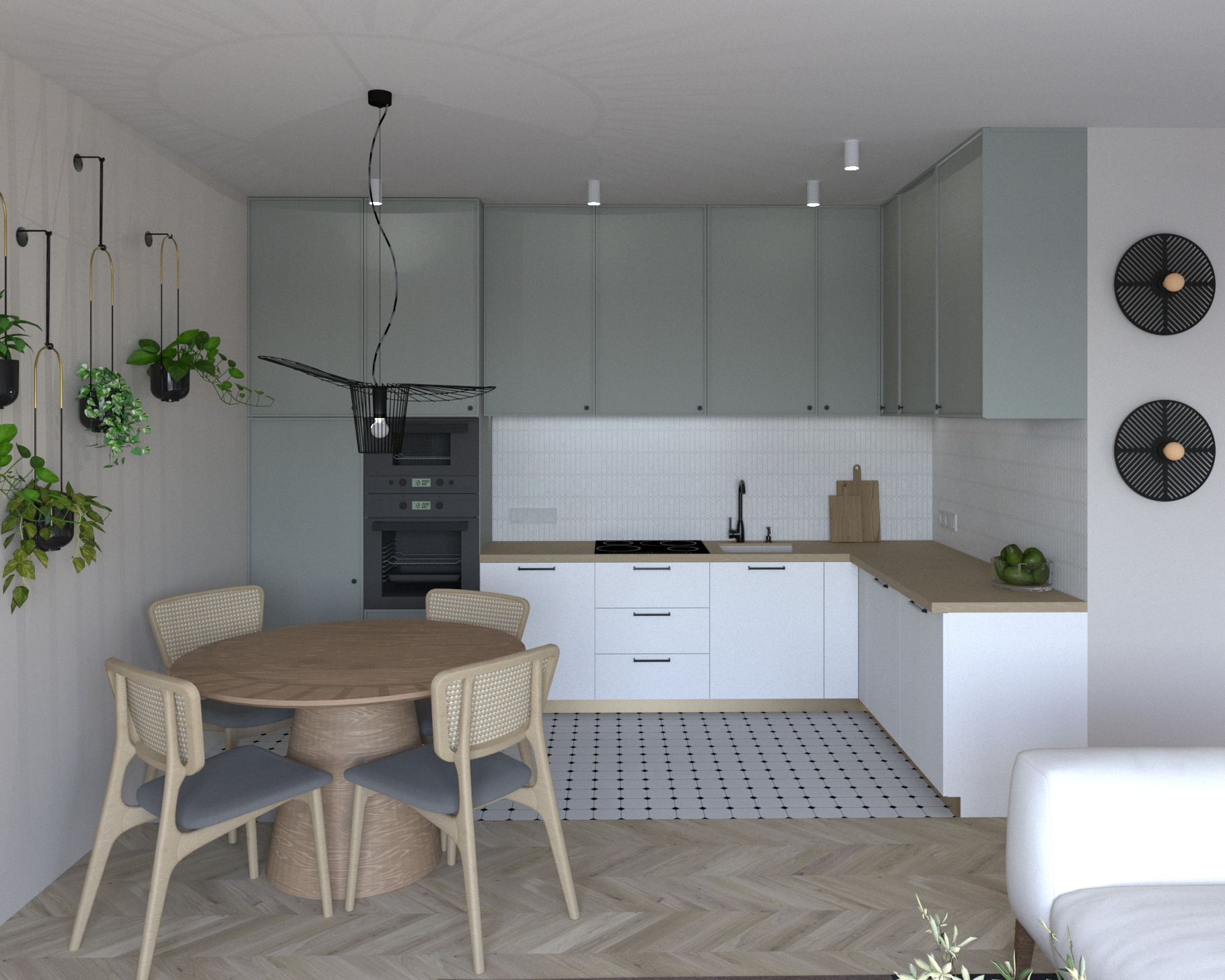 Nowoczesna kuchnia z okrągłym stołem i krzesłami. Pastelowe szafki, białe blaty i geometryczny wzór podłogi. Wiszące rośliny i designerska lampa dodają wnętrzu charakteru.