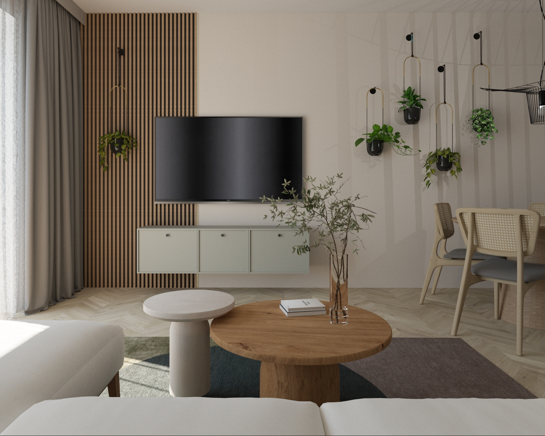 Nowoczesny salon we Wrocławiu z drewnianymi lamelami na ścianie, minimalistyczną szafką RTV i wiszącymi roślinami. Jasne, przestronne wnętrze.