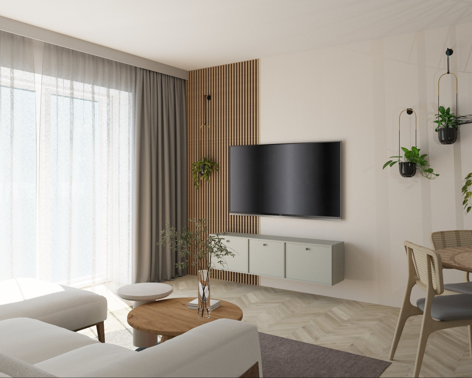 Jasne wnętrze salonu z telewizorem, drewnianą ścianką i minimalistyczną szafką RTV. Widoczne rośliny doniczkowe i subtelne zasłony w oknie.