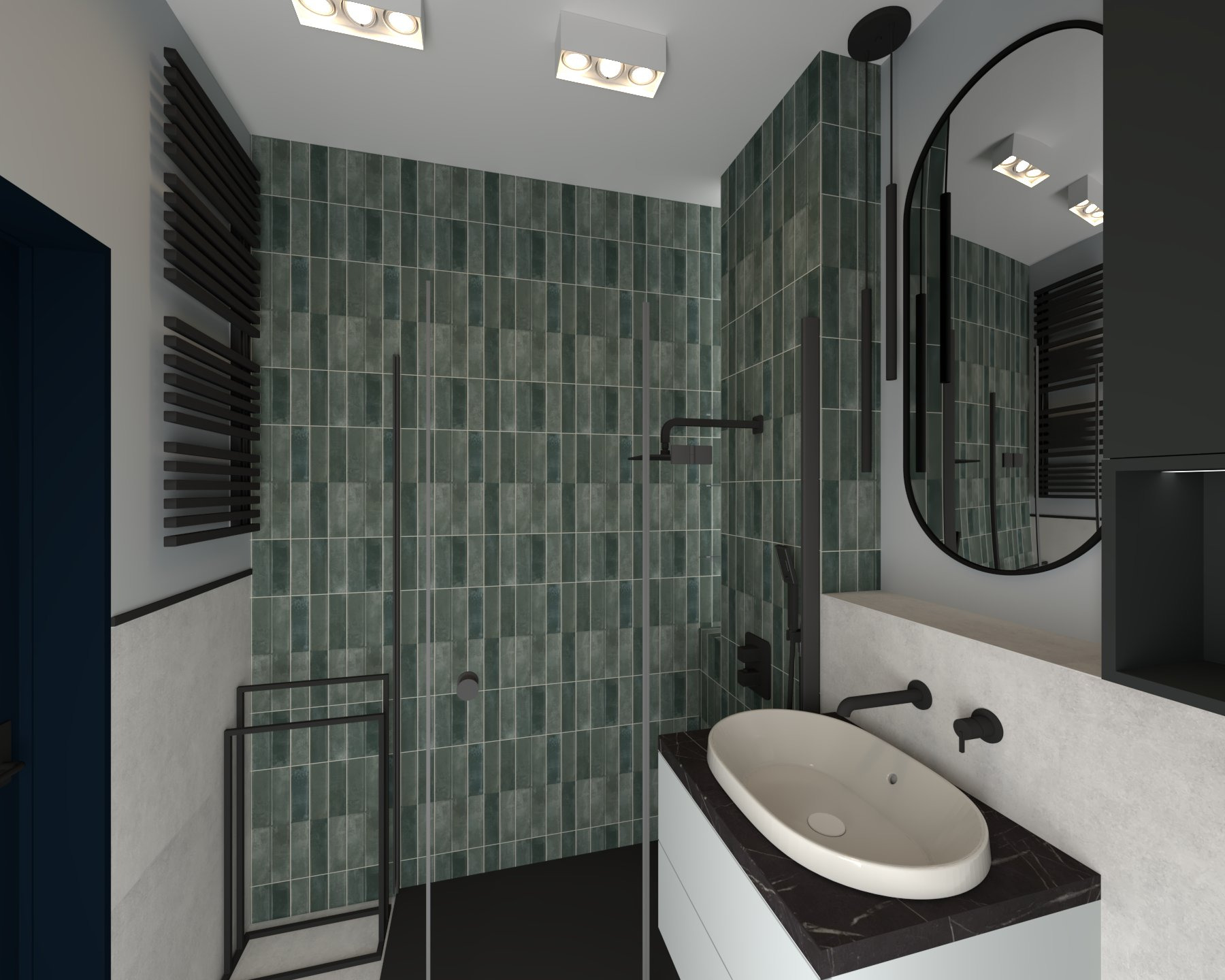 Wizualizacja łazienki z kabiną prysznicową, umywalką nablatową na czarnym blacie i zielonymi płytkami na ścianach. Minimalistyczny design z czarnymi akcentami.