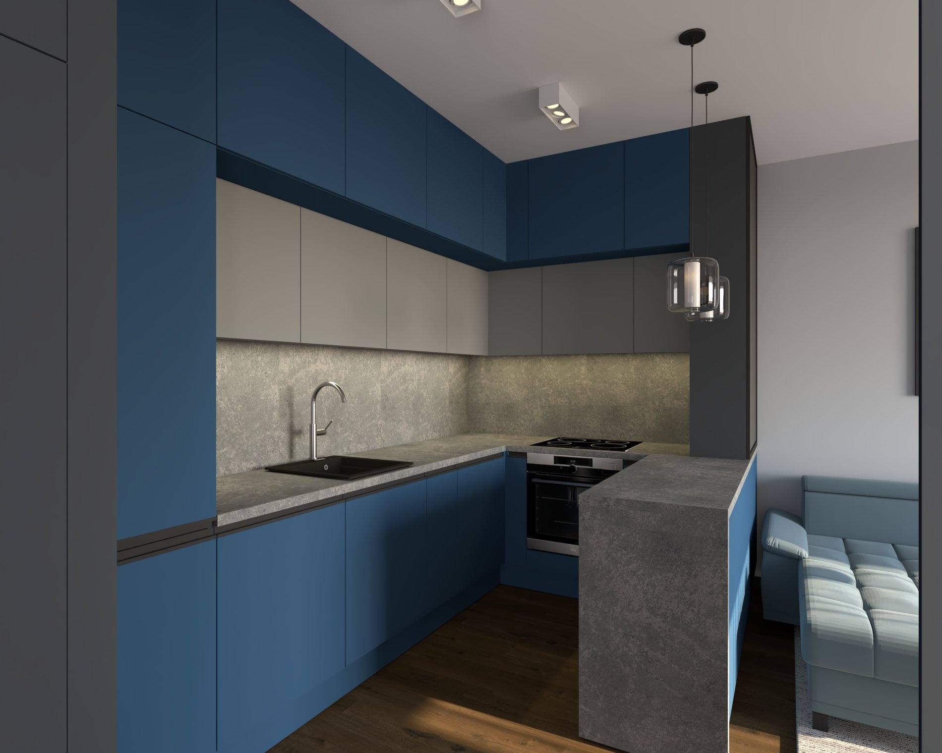 Wizualizacja kuchni z niebieskimi szafkami, szarym blatem i marmurową ścianą. Widoczny fragment salonu z niebieską sofą. Nowoczesne oświetlenie sufitowe.