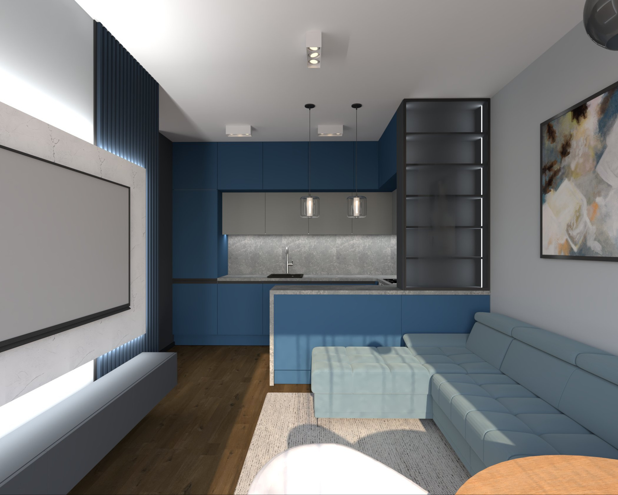 Wizualizacja wnętrza: niebieska kuchnia z szarymi akcentami, połączona z salonem. Nowoczesne oświetlenie, minimalistyczny design, abstrakcyjny obraz na ścianie.