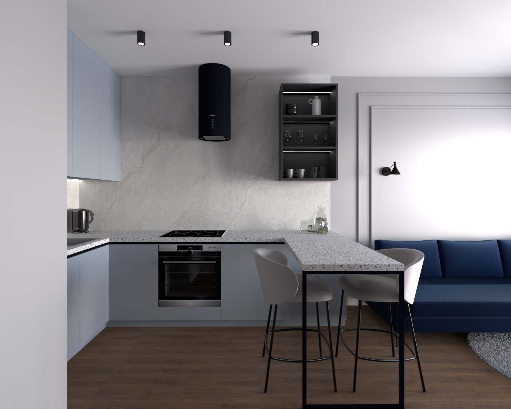 Nowoczesna kuchnia w odcieniach szarości i błękitu z blatem w terrazzo, czarnym okapem cylindrycznym i barkiem z hokerami. Minimalistyczne oświetlenie punktowe.