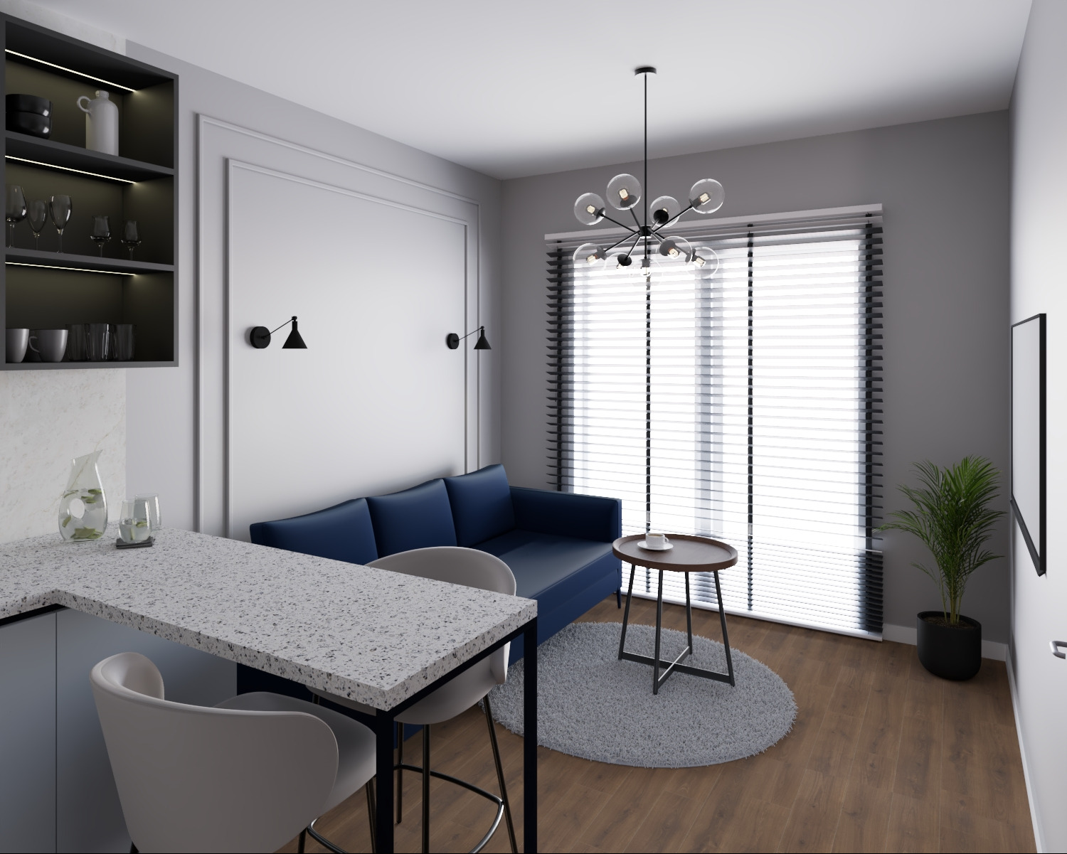 Wnętrze salonu z aneksem kuchennym we Wrocławiu. Granatowa sofa, okrągły dywan, stół barowy z krzesłami. Nowoczesne oświetlenie i roślina doniczkowa.