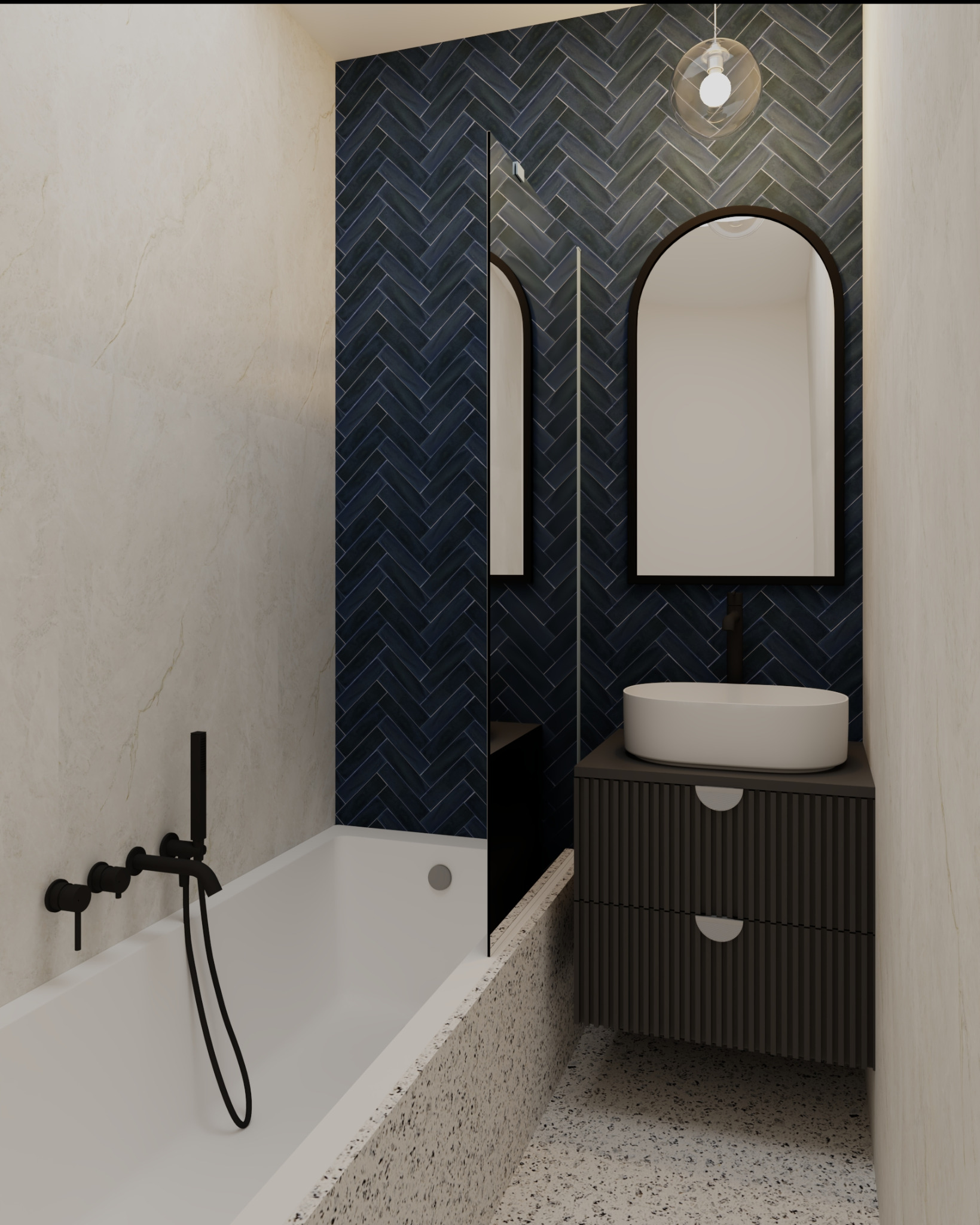 Nowoczesna łazienka z ciemną, wzorzystą ścianą, owalną umywalką na szafce z lamelami i wanną z czarną armaturą. Całość dopełnia lustro w zaokrąglonej ramie.