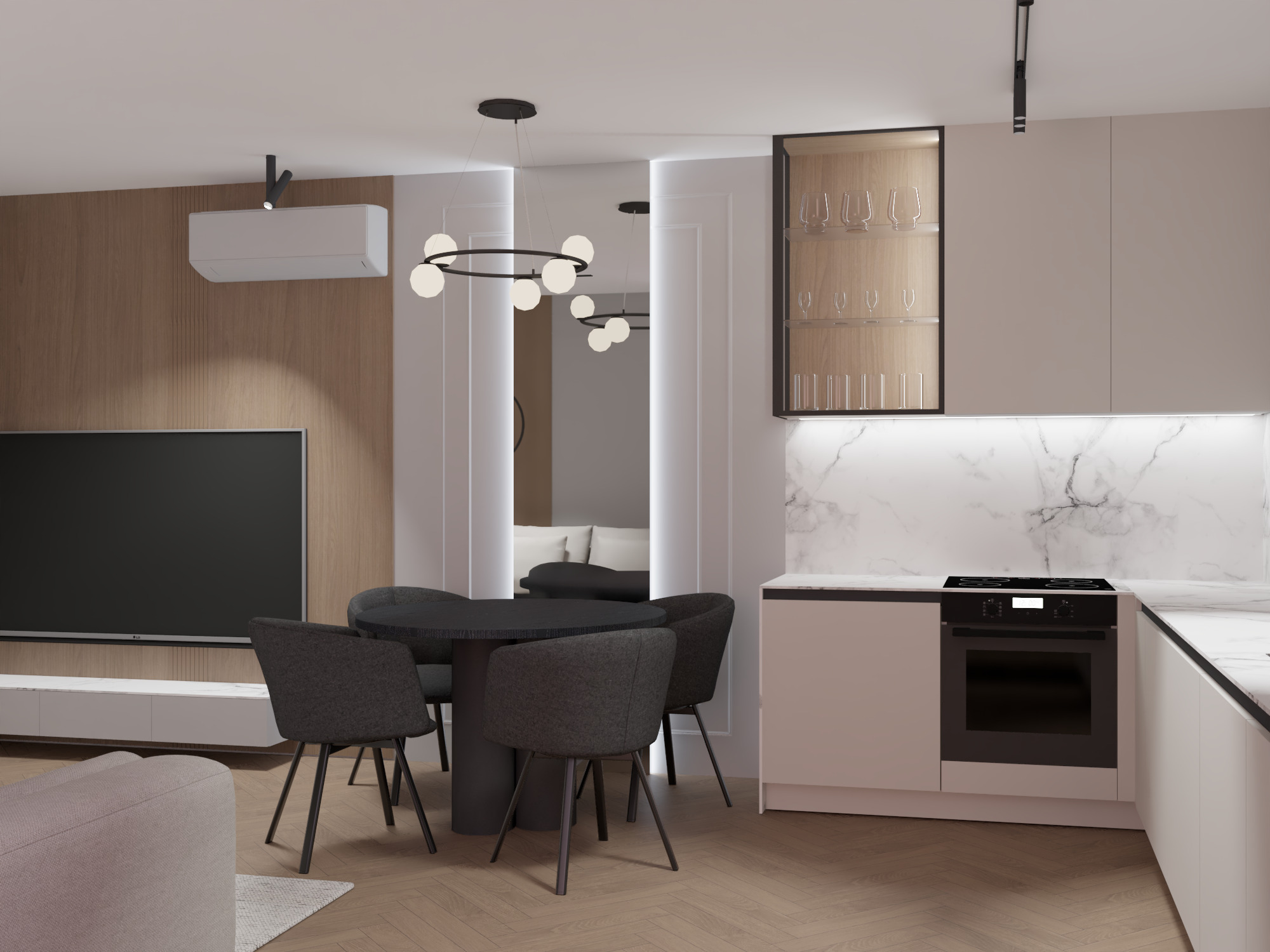 Nowoczesna aranżacja wnętrza: minimalistyczna kuchnia z marmurowym blatem, okrągły stół z krzesłami i drewniana ściana z telewizorem. Subtelne oświetlenie i parkiet w jodełkę.