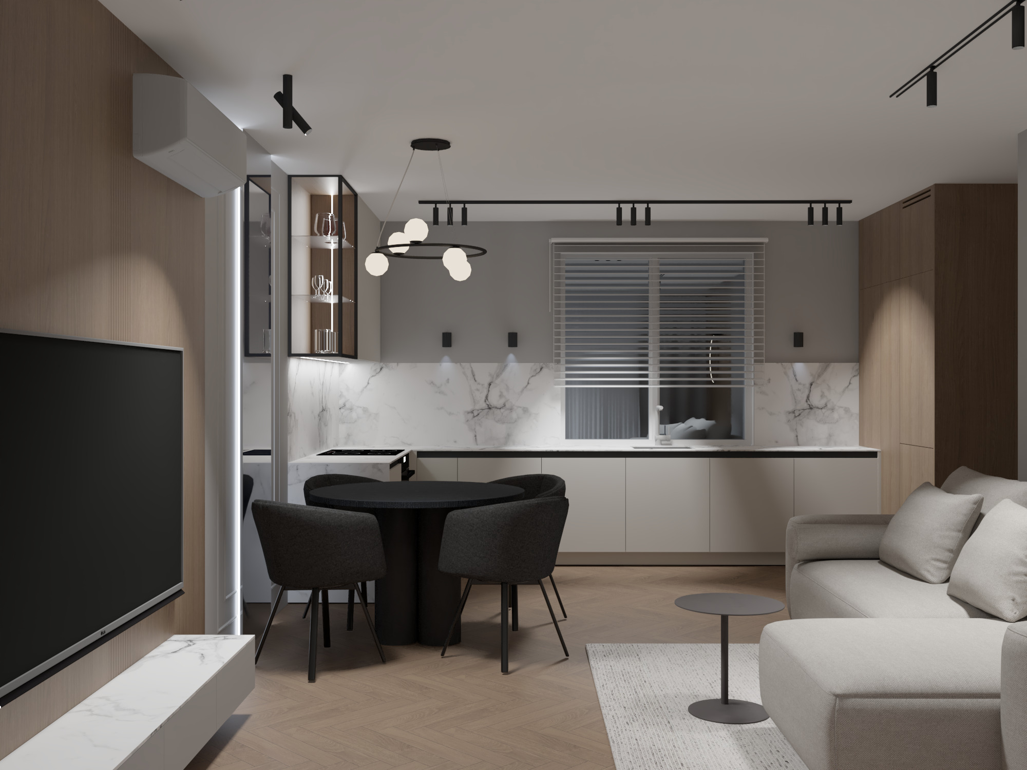 Nowoczesne wnętrze: salon z aneksem kuchennym w stonowanej kolorystyce. Minimalistyczny design, okrągły stół z krzesłami i marmurowy backsplash.