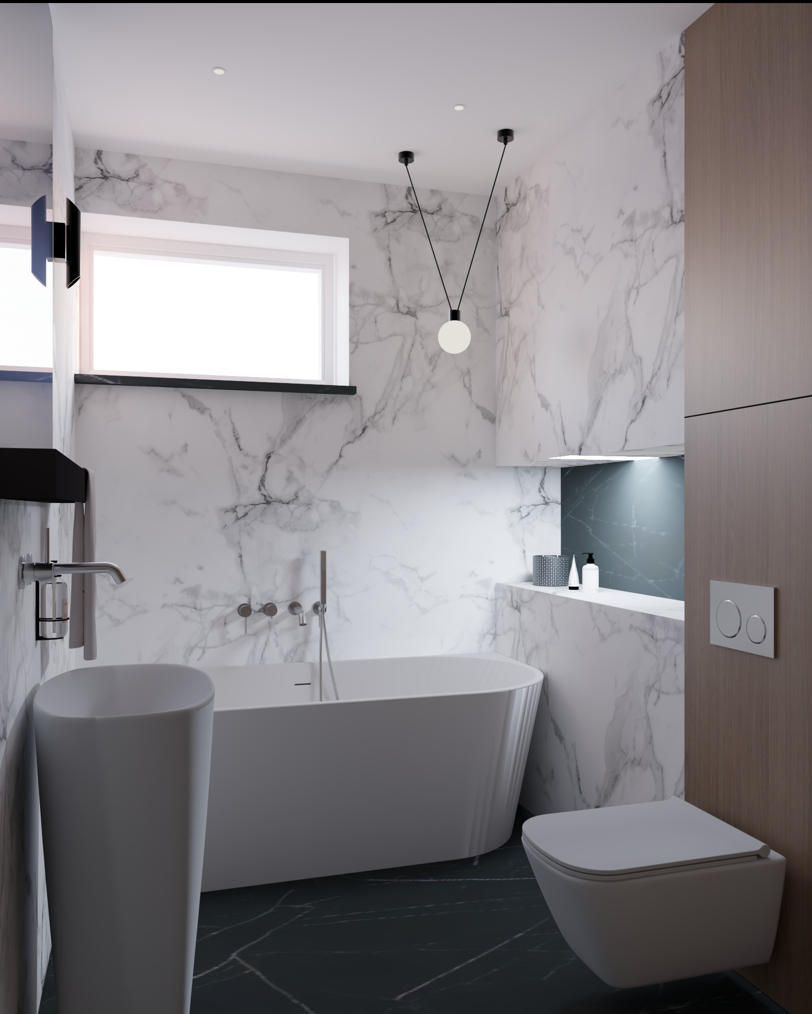 Elegancka łazienka z marmurowymi ścianami, wolnostojącą wanną, umywalką na postumencie i podwieszaną toaletą. Minimalistyczne oświetlenie i czarne marmurowe płytki podłogowe.