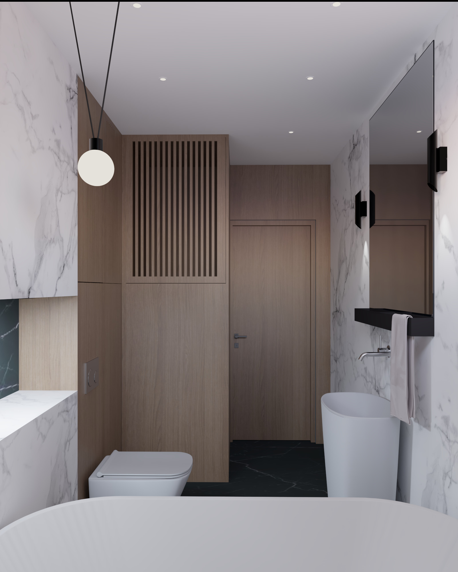 Wizualizacja łazienki z marmurowymi ścianami, drewnianymi szafkami i czarną podłogą. Umywalka wolnostojąca i wisząca toaleta. Minimalistyczna lampa wisząca.