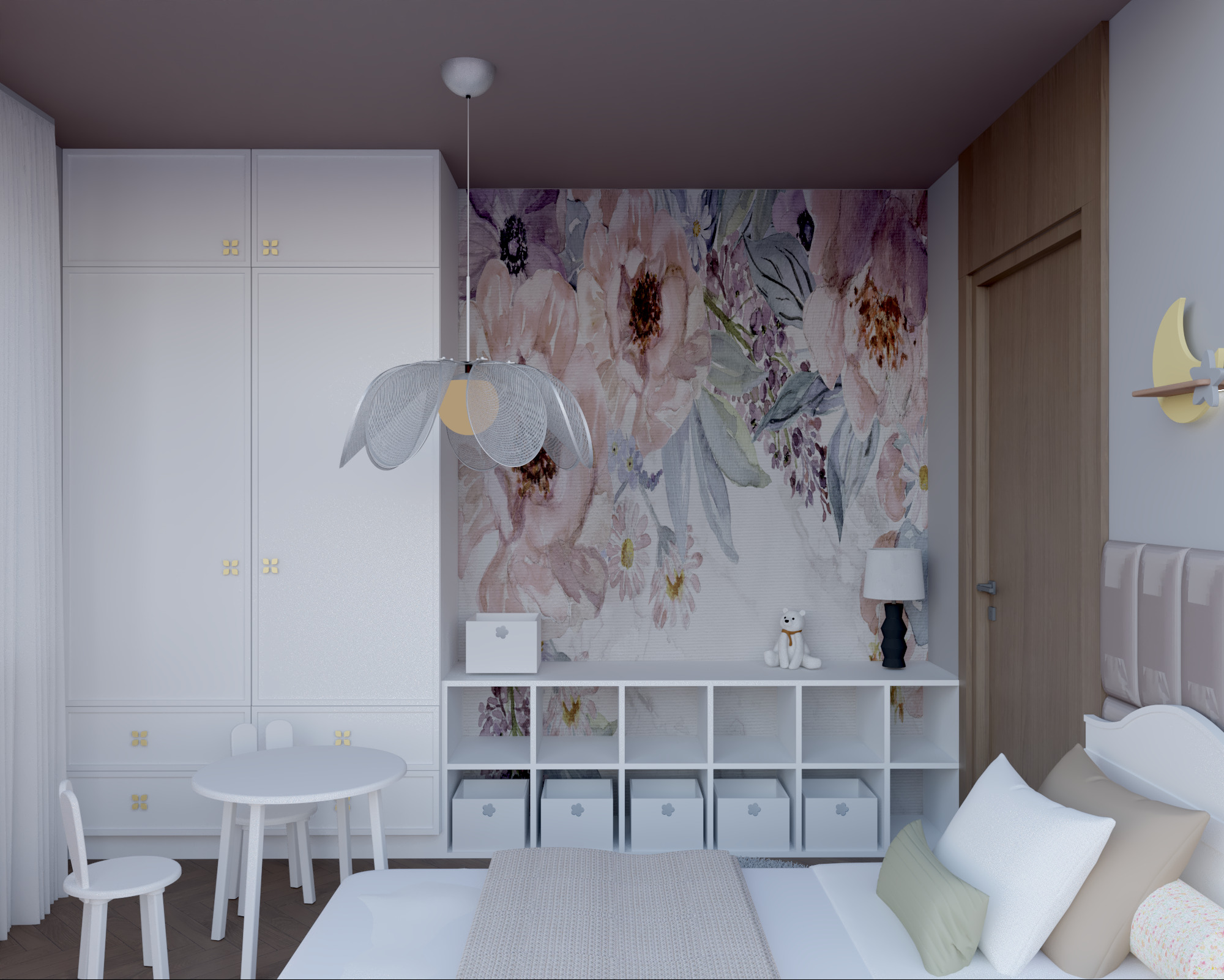 Pastelowa aranżacja pokoju dziecięcego z kwiatową tapetą, białymi meblami i lampą w kształcie kwiatu. Ustawienie mebli i dekoracji tworzy przytulną przestrzeń.