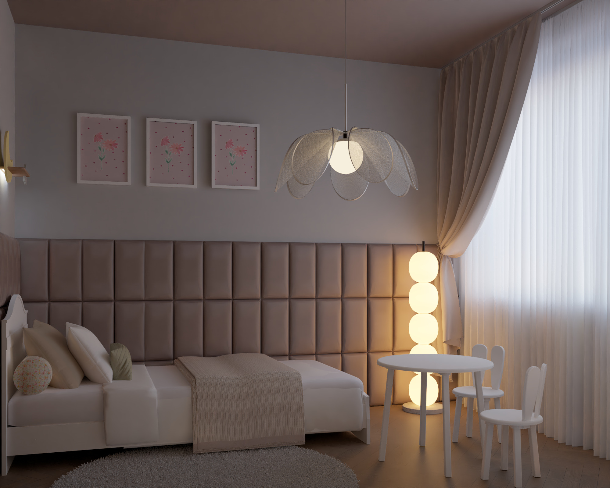 Pokój dziecięcy z łóżkiem z tapicerowanym wezgłowiem, okrągłym stolikiem i lampą podłogową. Na ścianie trzy obrazki w ramkach.