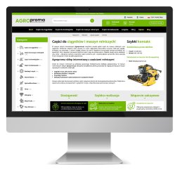 Technika Reklamy Sp. z o.o. - Ekran monitora wyświetlający stronę internetową sklepu z częściami do maszyn rolniczych Agroproma.pl, z widocznymi kategoriami części, informacjami o dostępności, szybkiej realizacji i wsparciu...