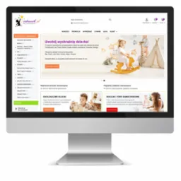 Strona internetowa sklepu z zabawkami Zabawnik.pl, prezentująca ofertę bujaków i skoczków dla dzieci, z ilustracją dziecka na drewnianym koniku na biegunach i dekoracjami w tle.