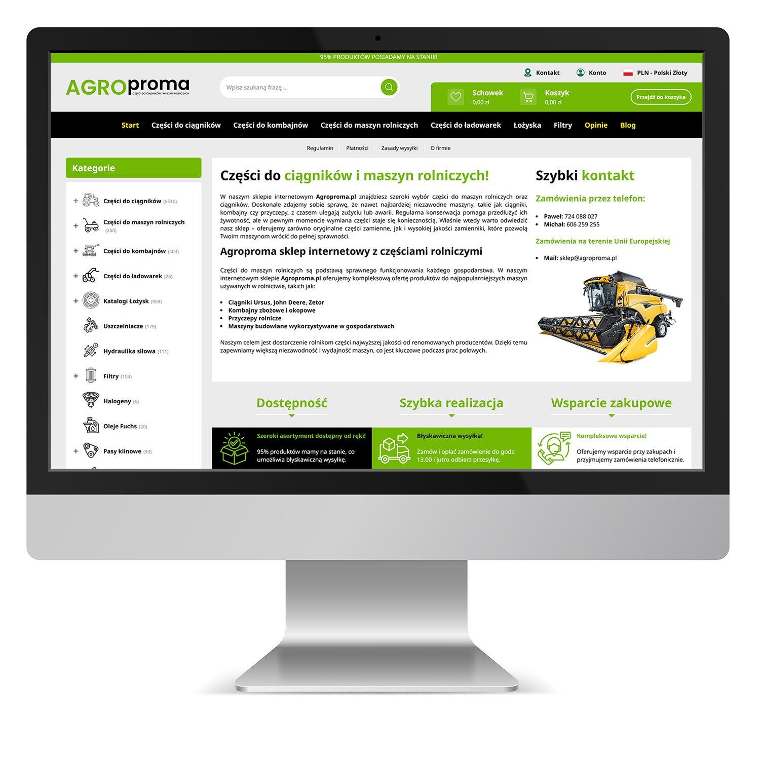 Ekran monitora wyświetlający stronę internetową sklepu z częściami do maszyn rolniczych Agroproma.pl, z widocznymi kategoriami części, informacjami o dostępności, szybkiej realizacji i wsparciu...