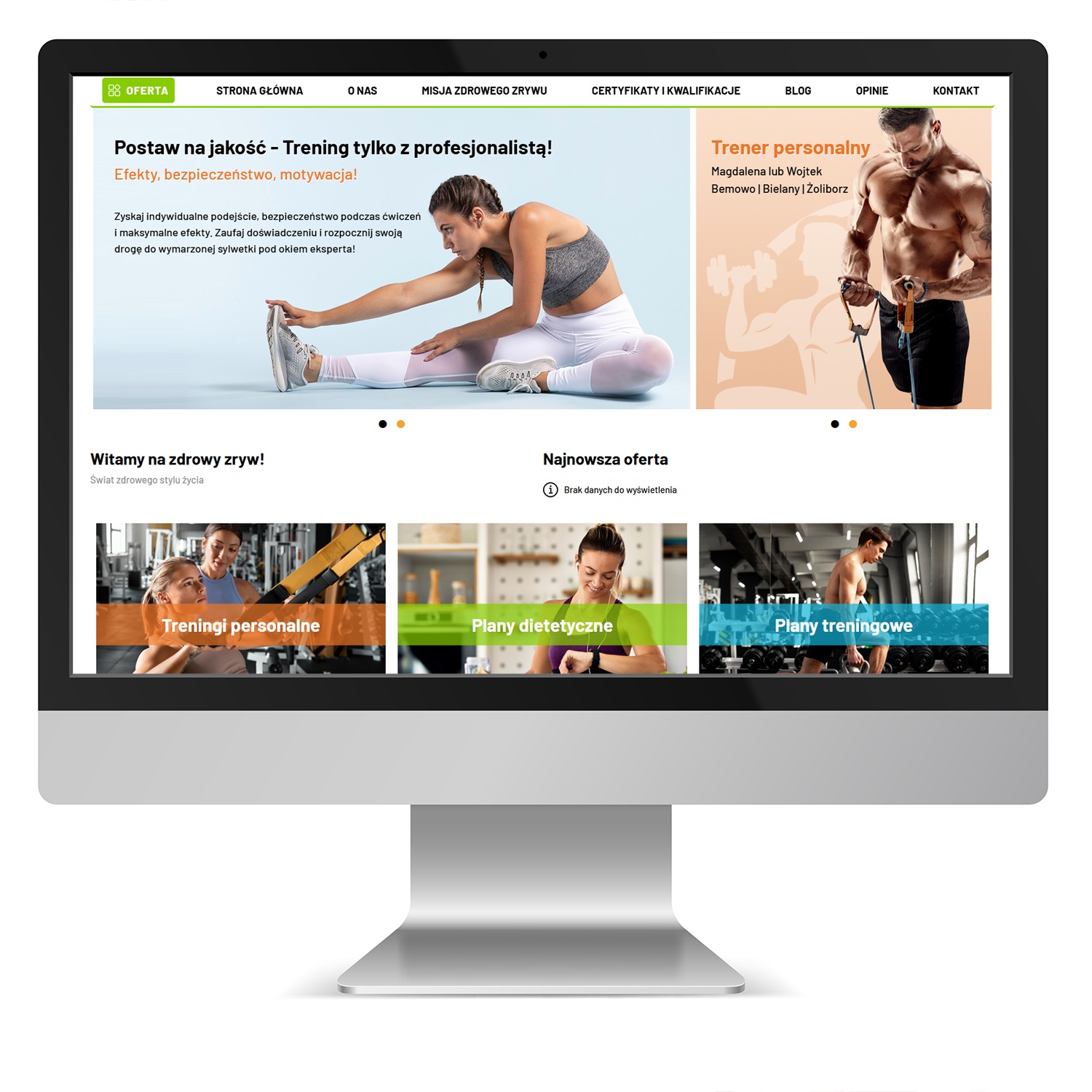 Monitor wyświetlający stronę internetową z nagłówkiem 'Postaw na jakość - Trening tylko z profesjonalistą!', prezentującą kobietę wykonującą ćwiczenia rozciągające i mężczyznę z ekspanderem, wraz...