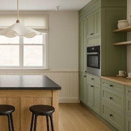 Daria Borońska Pracownia Projektowa - Kuchnia w odcieniach zieleni z drewnianą wyspą i czarnymi stołkami barowymi, oświetlona nowoczesną lampą wiszącą z abażurem w kształcie kwiatu.