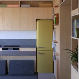 Wnętrze kuchni w bloku z żółtą lodówką retro i drewnianą zabudową. Minimalistyczny design z rośliną doniczkową na regale i szarą sofą w tle.