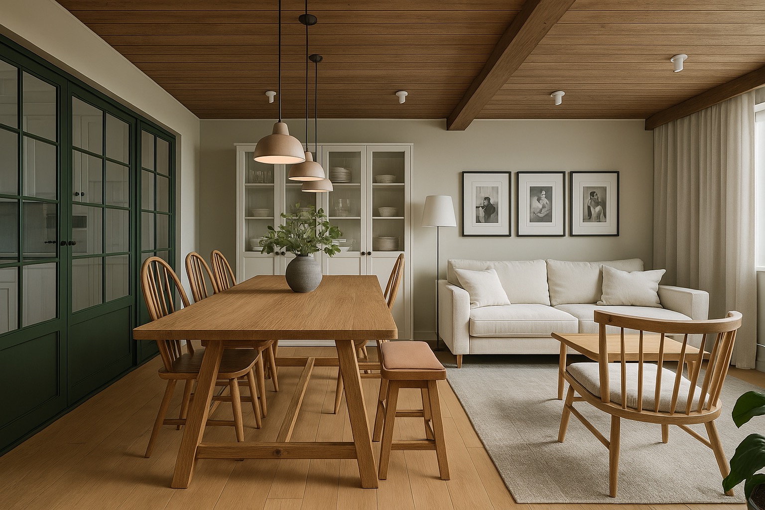 Jasne, przestronne wnętrze z drewnianym stołem, krzesłami w stylu skandynawskim, białą sofą i przeszklonymi, ciemnozielonymi drzwiami prowadzącymi do kuchni, oświetlone wiszącymi lampami...