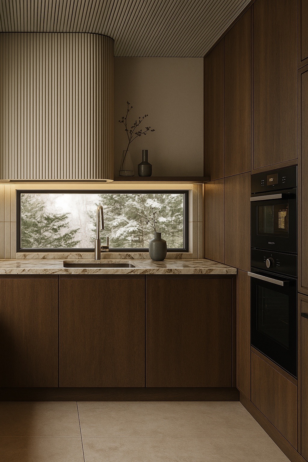 Nowoczesna kuchnia z drewnianymi frontami, marmurowym blatem i oknem z widokiem na zimowy krajobraz. Minimalistyczny design z oświetleniem LED i wazonami jako dekoracją.
