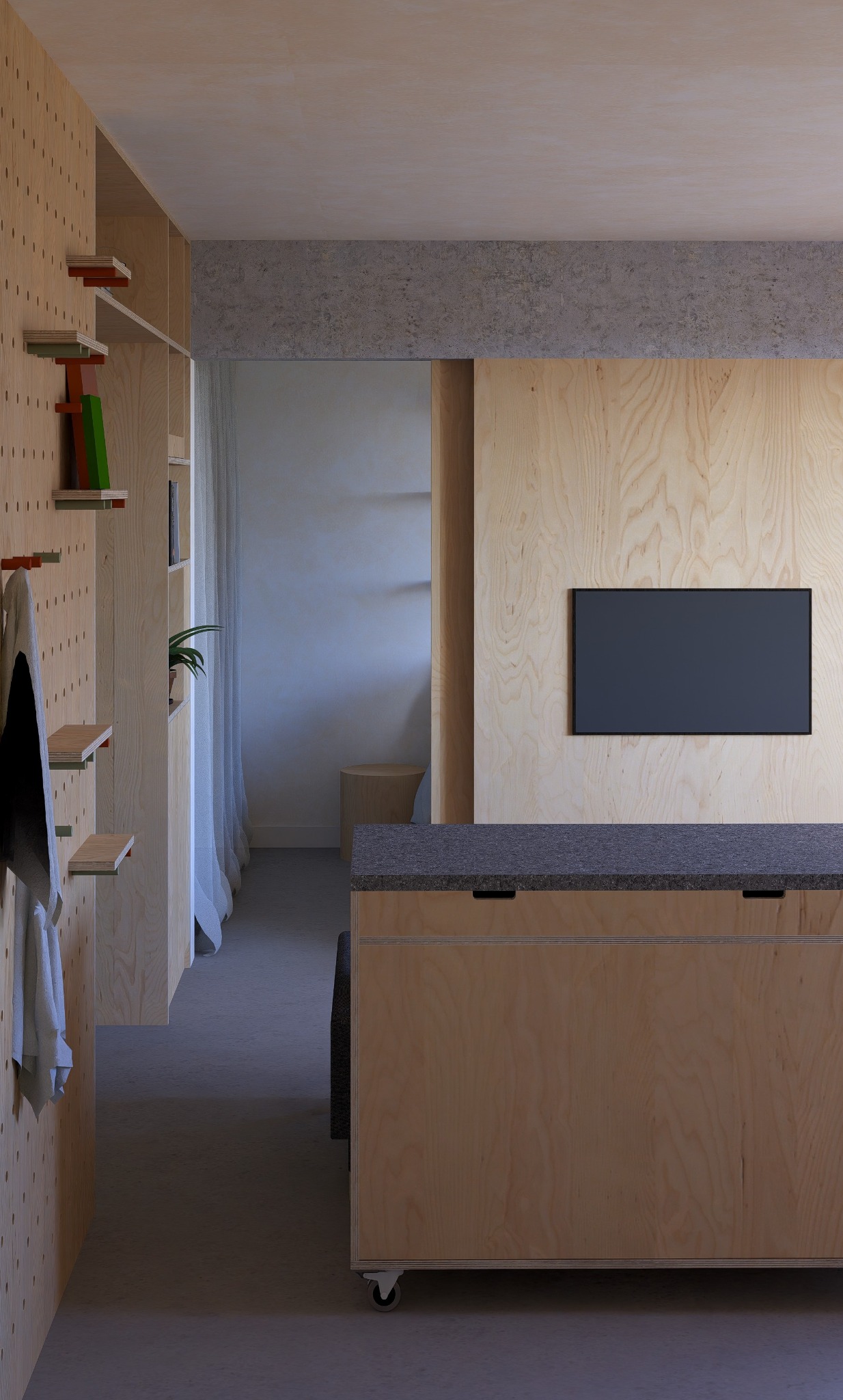 Wnętrze mieszkania z drewnianą zabudową: regał z półkami i wieszakami, szafka na kółkach z blatem. Na ścianie wisi telewizor. Minimalistyczny design, naturalne materiały.