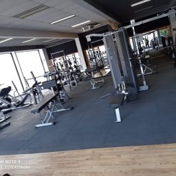 MUR-BETON - Widok na przestronną siłownię z różnorodnym sprzętem do ćwiczeń, w tym maszyny siłowe i ławki. Duże okna wpuszczają naturalne światło. Podłoga wyłożona gumową nawierzchnią.