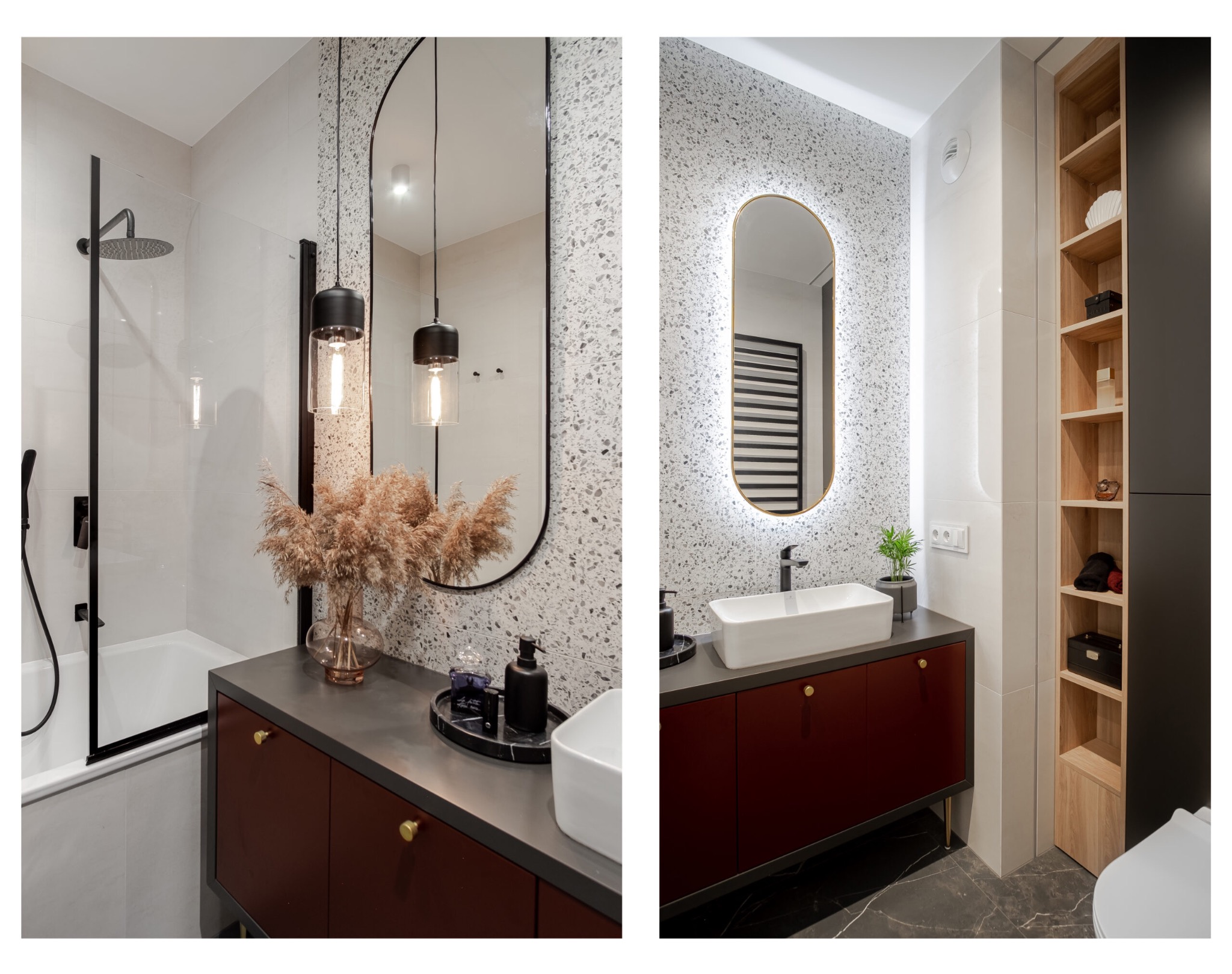 Nowoczesna łazienka z umywalką nablatową, podświetlanym lustrem, armaturą w kolorze czarnym i szafką w kolorze burgundu, na ścianie płytki imitujące lastryko, obok kabina prysznicowa typu walk-in...