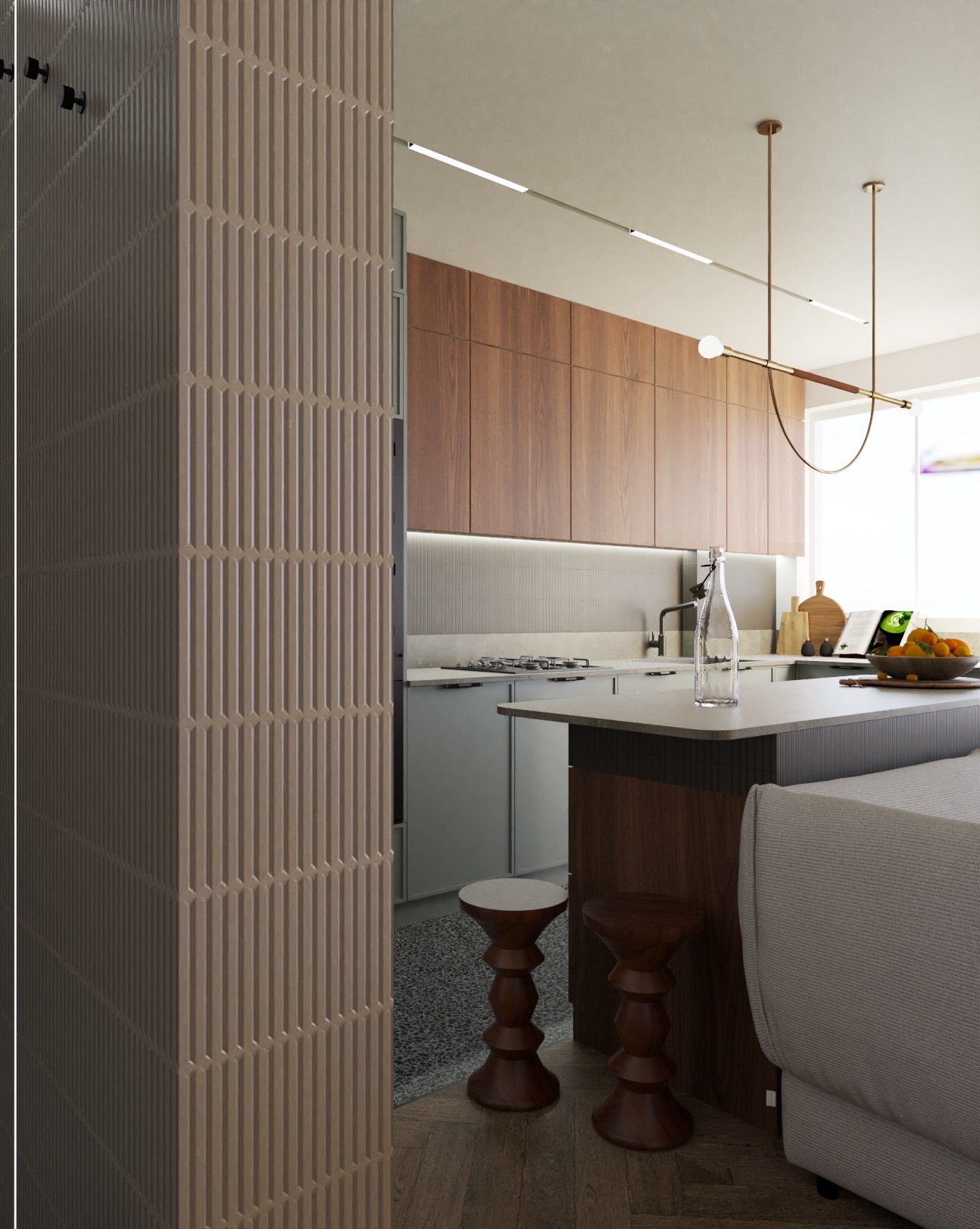 Nowoczesna kuchnia w Gliwicach z drewnianymi szafkami, szarymi frontami, wyspą z dwoma drewnianymi stołkami i dekoracyjną lampą wiszącą.