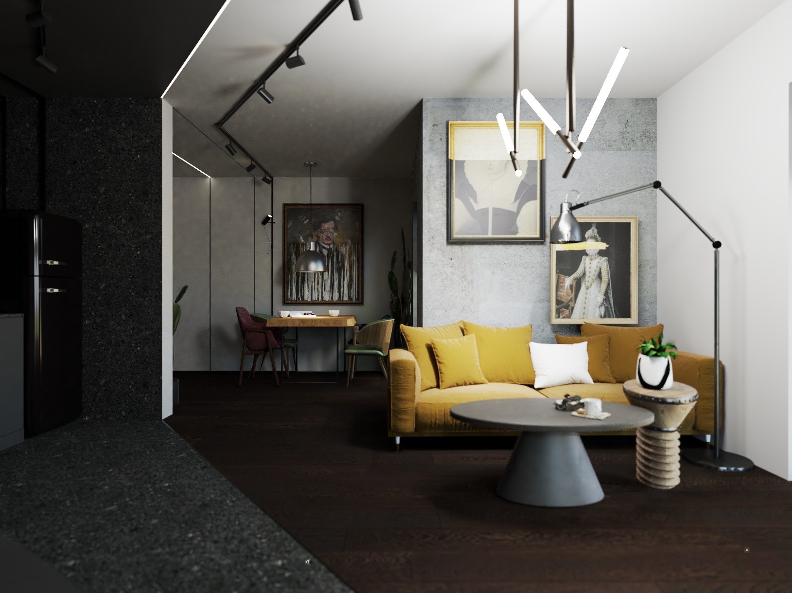 Nowoczesne wnętrze mieszkania z żółtą sofą, okrągłym stolikiem kawowym i obrazami na ścianie, oświetlenie szynowe.