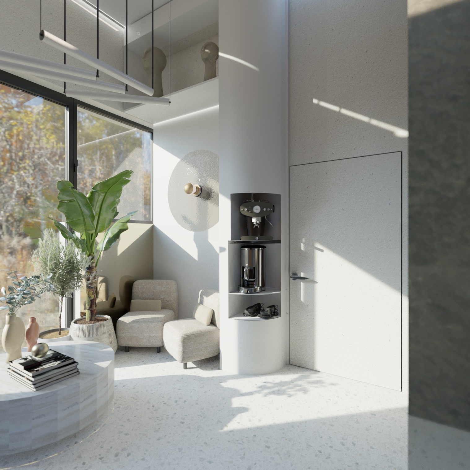 Jasne, minimalistyczne wnętrze z dużym oknem, roślinami doniczkowymi, okrągłym stolikiem kawowym z książkami, beżowymi fotelami i wbudowanym ekspresem do kawy.