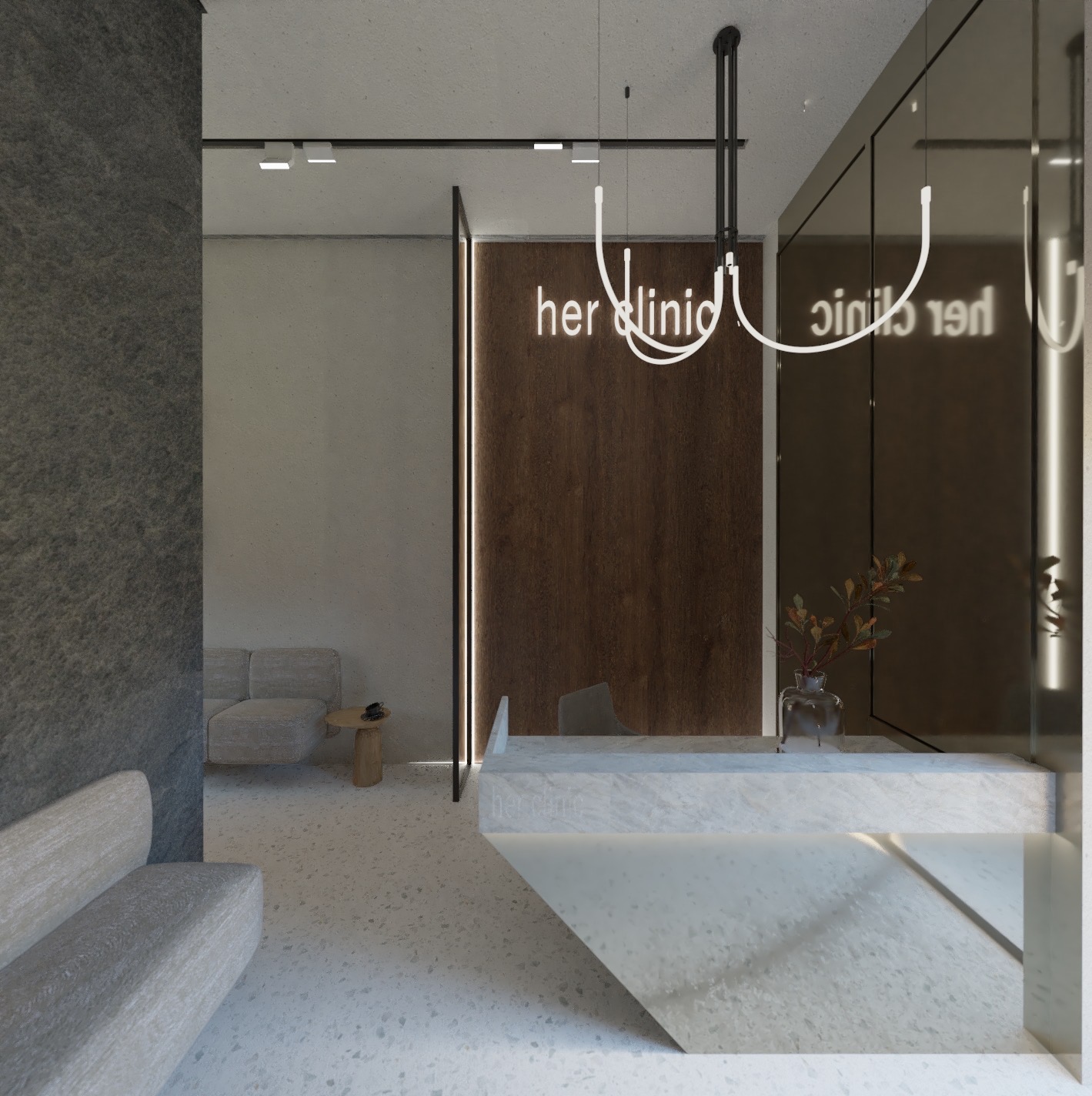 Nowoczesne wnętrze recepcji kliniki z marmurowym blatem, minimalistycznym oświetleniem i elementami drewnianymi, widoczna strefa oczekiwania z szarą sofą i stolikiem kawowym.