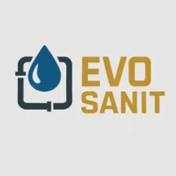 Logo firmy EVO SANIT: schemat instalacji z kroplą wody i nazwą w kolorze złota na jasnym tle.