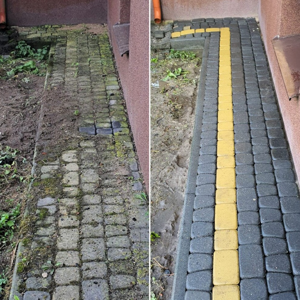 Porównanie stanu kostki brukowej przed i po czyszczeniu: po lewej zaniedbana, porośnięta mchem, po prawej świeżo umyta, z wyraźnym pasem żółtych kostek.