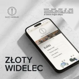 Ekran smartfona wyświetlający stronę internetową sklepu z zastawą stołową 'Złoty Widelec', z widocznym logo i sekcją kategorii produktów 'Kubki'.