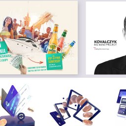 ONESPARK, ŁUKASZ PAWLAK - Kolaż reklamowy: wakacyjna promocja z rejsem po Mazurach, okładka płyty jazzowej, wizualizacje kart płatniczych i serwisu bankowego.