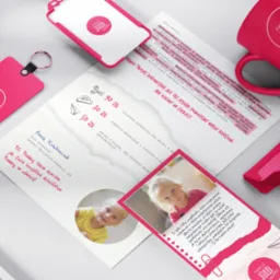 Materiały reklamowe Fundacji JiM z Łodzi: ulotka z informacjami o wsparciu dzieci z autyzmem, brelok, kubek i notatnik z logo fundacji.