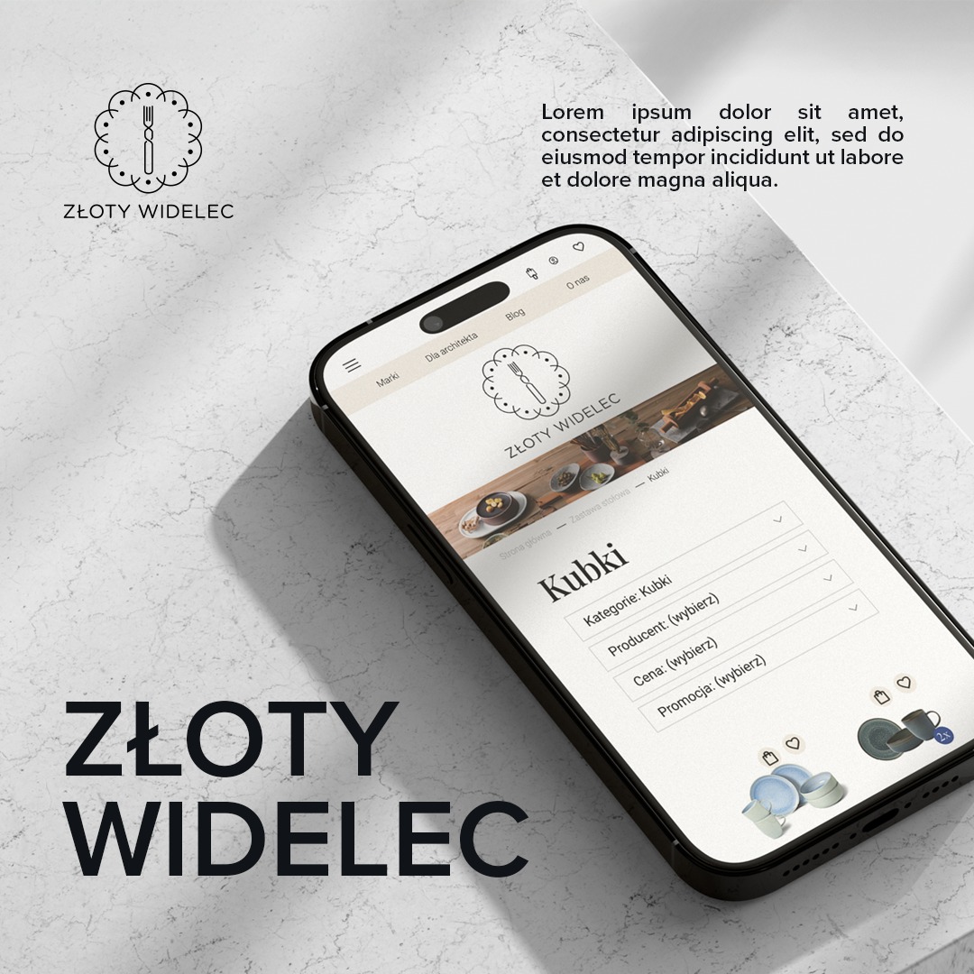 Ekran smartfona wyświetlający stronę internetową sklepu z zastawą stołową 'Złoty Widelec', z widocznym logo i sekcją kategorii produktów 'Kubki'.