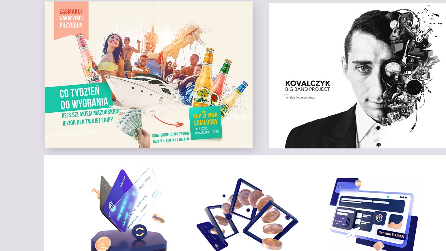 Kolaż reklamowy: wakacyjna promocja z rejsem po Mazurach, okładka płyty jazzowej, wizualizacje kart płatniczych i serwisu bankowego.