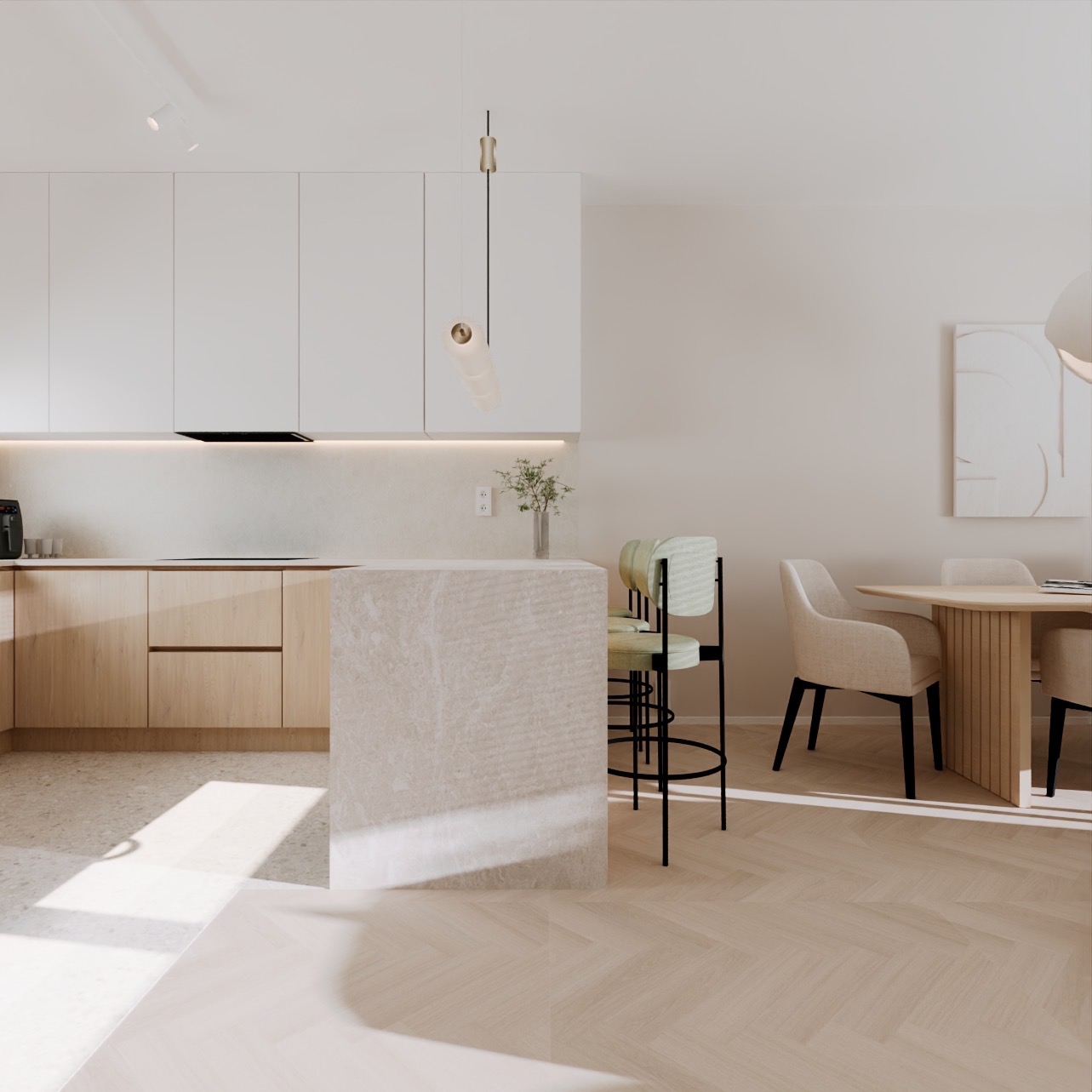 Jasna, minimalistyczna kuchnia z drewnianymi frontami, białymi szafkami górnymi, marmurowym blatem wyspy i nowoczesnym oświetleniem, uzupełniona o stół jadalny z krzesłami w neutralnych odcieniach...