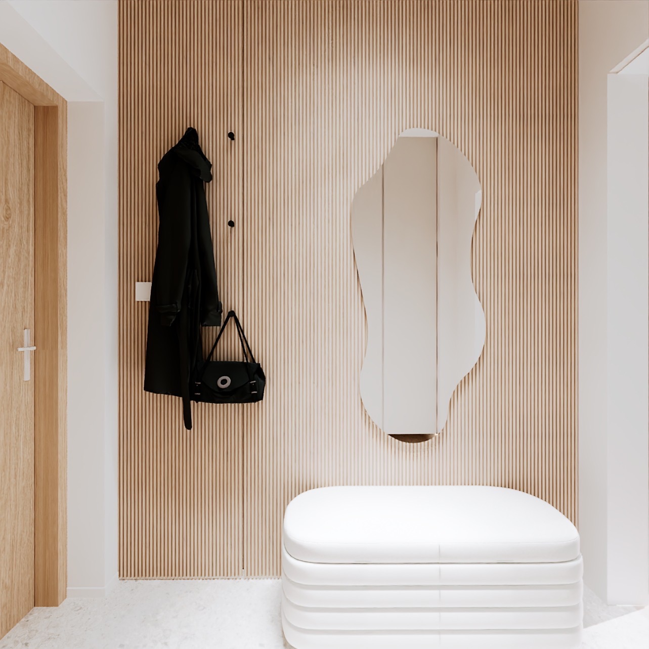 Nowoczesny przedpokój z drewnianą ścianą panelową, asymetrycznym lustrem, białym pufem i czarnym płaszczem wiszącym na wieszaku.