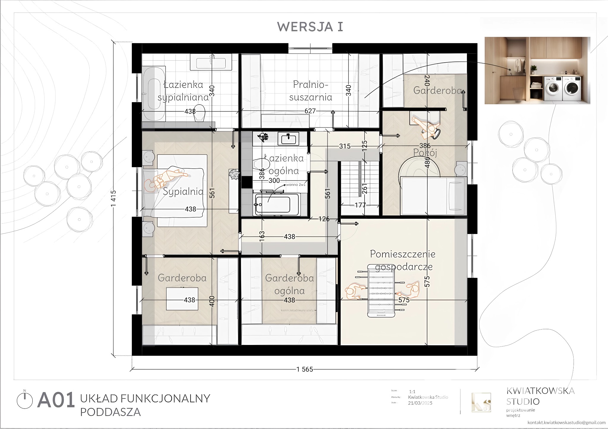 Rzut funkcjonalny poddasza z wymiarami, uwzględniający łazienkę sypialnianą, sypialnię, garderoby, pralnię-suszarnię, łazienkę ogólną i pomieszczenie gospodarcze, z wizualizacją garderoby i pralni.