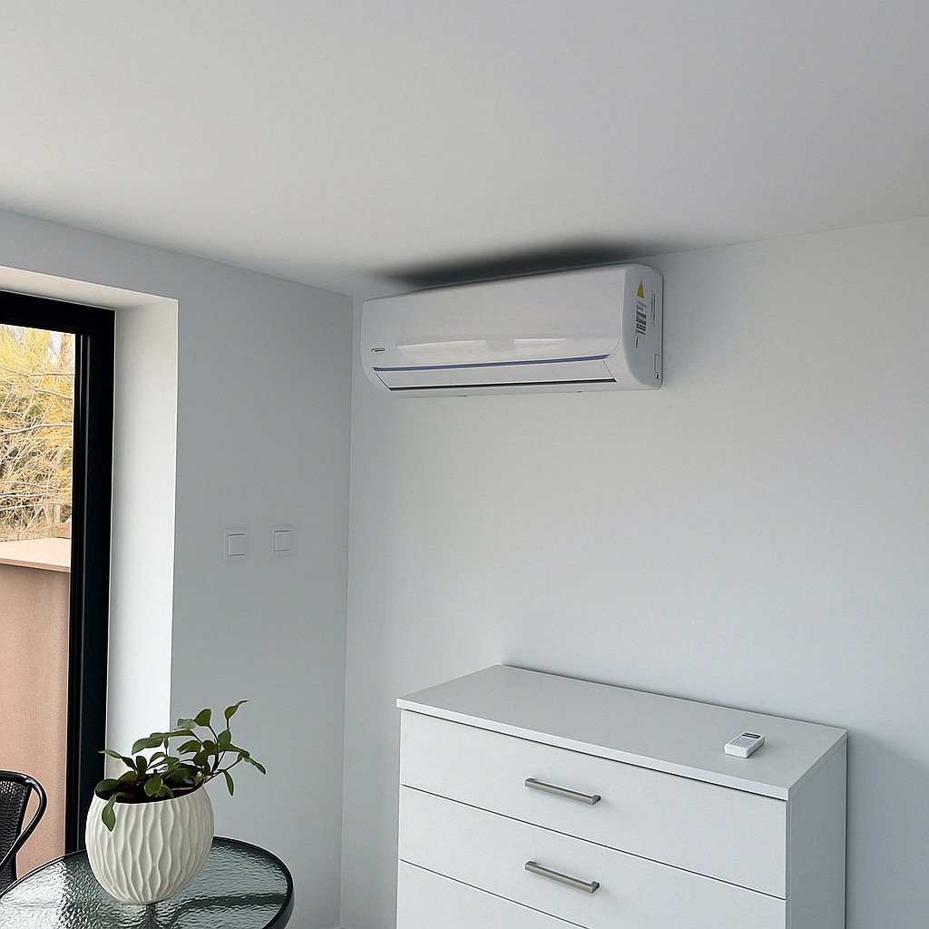 Biała klimatyzacja ścienna zamontowana w minimalistycznym, jasnym wnętrzu domu z białymi ścianami, komodą i rośliną w ozdobnej doniczce na szklanym stoliku.