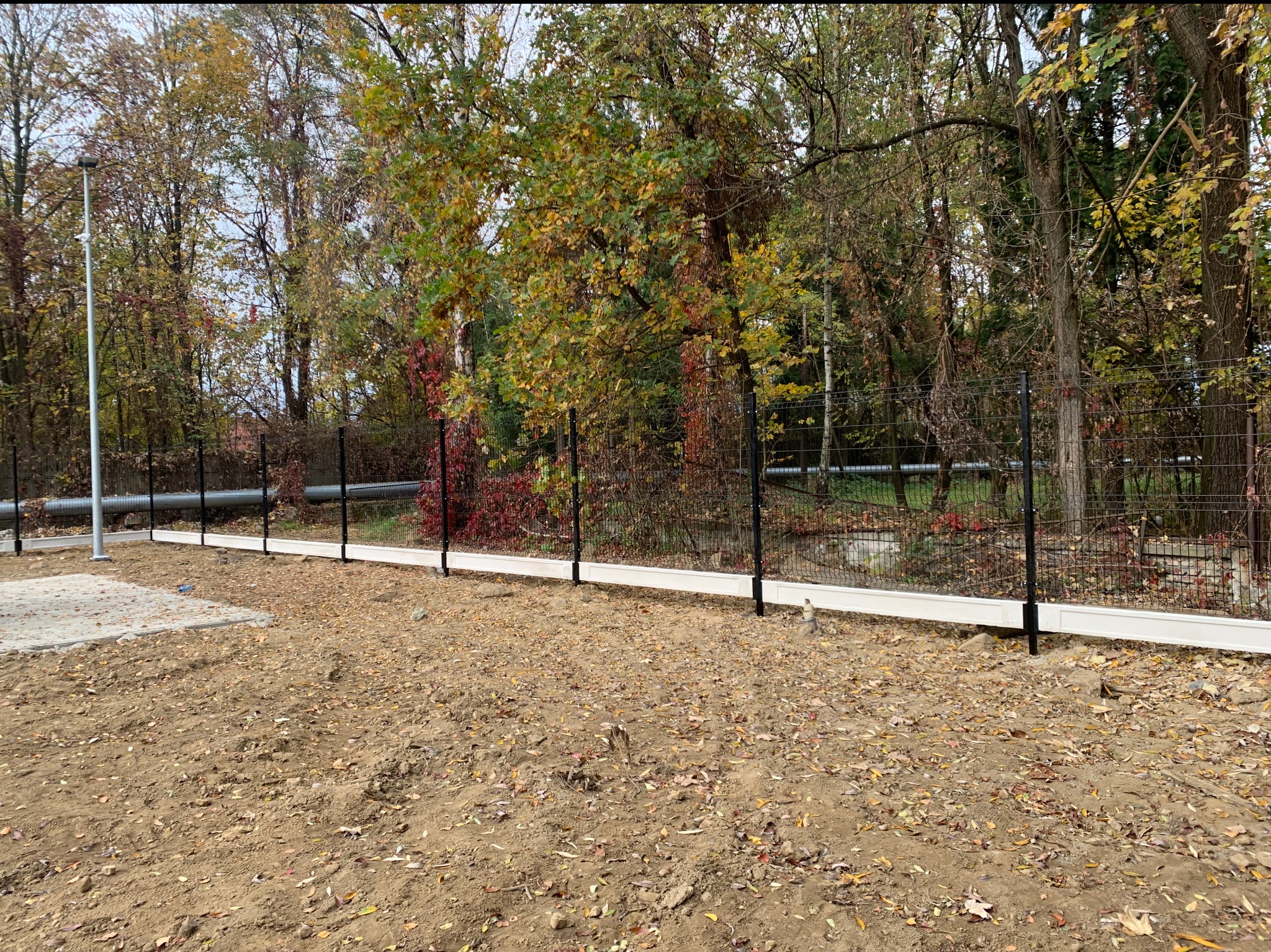 Nowo postawione czarne ogrodzenie panelowe z podmurówką w kolorze białym, widoczne na tle jesiennego lasu, teren wokół ogrodzenia pokryty ziemią i opadłymi liśćmi.