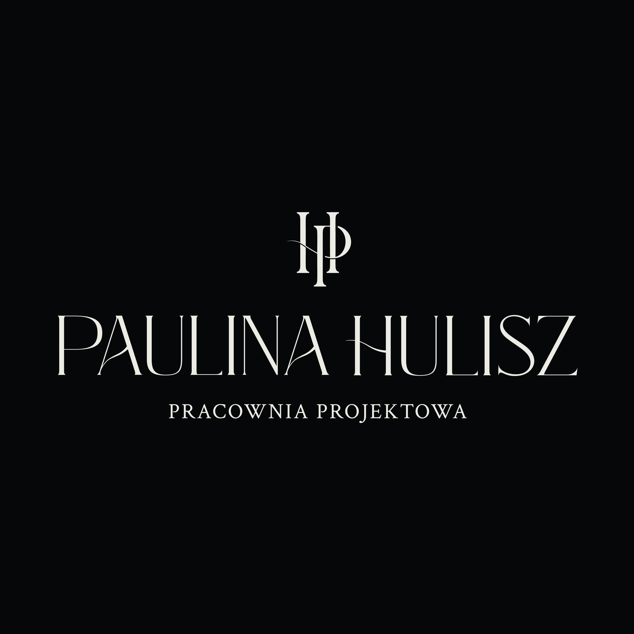 Logo pracowni projektowej Paulina Hulisz na czarnym tle, z inicjałami PH w formie graficznego znaku nad nazwą.