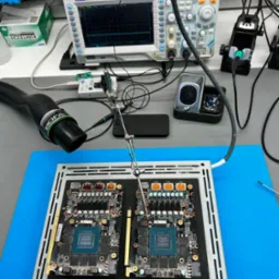 Dwie karty graficzne w ramce, podłączone do sprzętu pomiarowego, z gumowymi rękami na oscyloskopie. Sprzęt do naprawy elektroniki.