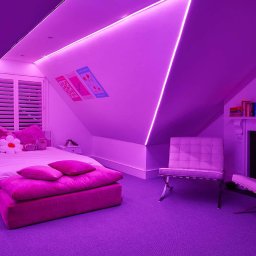 TK&ELECTRICS - Pokój na poddaszu z oświetleniem LED w kolorze fioletowym, łóżkiem, stolikami nocnymi i fotelami. Widoczne skosy dachu i elementy dekoracyjne.